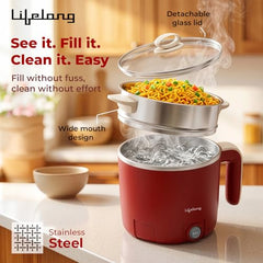 Lifelong Multipurpose Kettle | Multi Cooker Electric Kettle with Egg Tray, 1.2L Stainless Steel Body, Auto Cut Off, 300W Slow Heat & 650W Quick Boil | Boil Rice, Steam & Cook Vegetables, Eggs & Momos