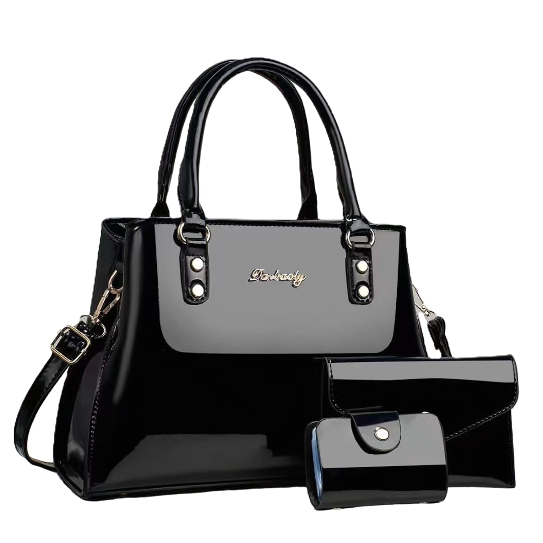 SYGA Pack of 3 Women's Glossy Patent Leather Clutch,Wallet & Handbag, Zipper Purse Suitable Gift for a Festival,occasion,Birthday(BLACK)