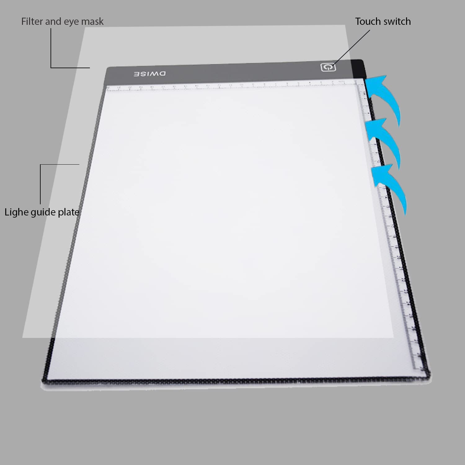 Dwise A4 Size LED Lighted Drawing Tracing Board 3 Adjustable Brightness Touch Button with Scale Measurements