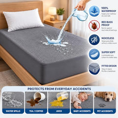 GADDA CO 100% Waterproof Premium Cotton Feel Mattress Protector King Size 78x72 Inch|Ultra Soft Breathable & Fitted Bed Protector Terry Cover Double Bed (6.5x6 feet, Fits 10 Inches, Grey)