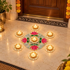 HomeSquare Tealight Holder Rangoli with Artificial Flowers & Tea Lights - Set of 7 Tealight Candle Holders