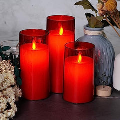Flameless LED Pillar Candle Set of 2 | Acrylic Fiber Glass | Dancing Faux Wick | Remote Control with Battery Operated 3 AA | Home Décor & Gifting | 3" D x 6" H | Red