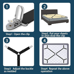 MOMISY Bed Sheet Straps Fasteners Suspenders Grippers Clips, Triangle Shape, Adjustable Crisscross Corner Holder Fit for Twin/Queen/King (Black)