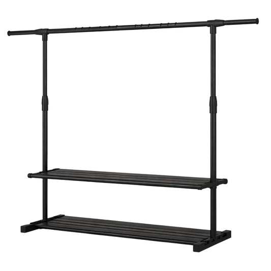 STANSY Garment Rack Freestanding Hanger, Metal Clothing Storage Rack with Double Shelves, Black, Multi-Functional Clothes Stand for Bedroom, Closet, Boutique