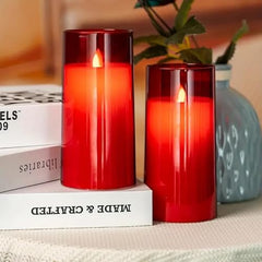Flameless LED Pillar Candle Set of 2 | Acrylic Fiber Glass | Dancing Faux Wick | Remote Control with Battery Operated 3 AA | Home Décor & Gifting | 3" D x 6" H | Red