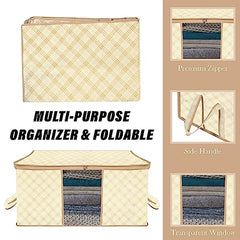 Kuber Industries Non-Woven Underbed Storage Bag | Clothes Storage Organizer | Blanket Cover With Clear Window | Zipper Closure & Handle Cloth Organizer | Check-Design | Large | Pack Of 4 | Cream