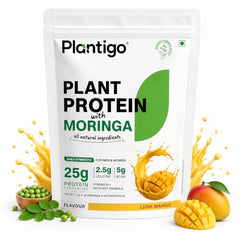 Plantigo Plant Protein Powder with Moringa Superfood | 25g Protein, 5g BCAA, 2.5g Leucine, Digestive Enzymes | 3rd Party Lab Tested | Lush Mango Flavor - Travel Pouch