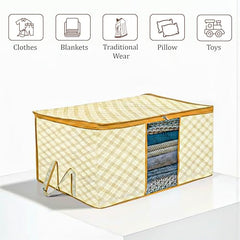 Kuber Industries Non-Woven Underbed Storage Bag | Clothes Storage Organizer | Blanket Cover With Clear Window | Zipper Closure & Handle Cloth Organizer | Check-Design | Large | Pack Of 4 | Cream