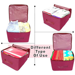 Storite 2 Pack Nylon Wardrobe Bag Underbed Cloth Storage Organizer | Moisture Proof Storage Bag, Storage box for Clothes Saree Bags, Zippered Closure & Handle - Magenta,37x34x23 cm