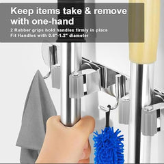 Dargoba Broom Holder Wall Mounted, Mop Holder for Wall, Broom Stick Holder Mounted Stand, Storage Broomstick Brush Mount Organizer with Hanger Hooks (5 Slot 6 Hooks)- Grey, Polypropylene