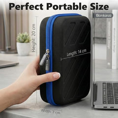 BonKaso Tech Organizer Pouch Hard Shell – Travel Electronics Accessories Case for Charger, USB Cable, Power Bank, Earphones & Hard Drive | Compact EVA Storage Bag – Black & Blue