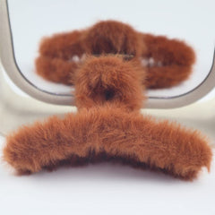 Soft Faux Fleece Fur Large Hair Clutcher/Hair Barrette Hair Clip/Hair Clips Claw/Clamp/Hair Pin/Fluffy/Hair Accessories, Random Color For Women & Girls-Pack of 3 (Grey Caramel Pink)