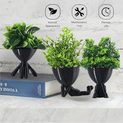 Kuber Industries 3 Pcs Set Plastic Mini Artificial Plants with Pot | Table Top & TV Unit Decorative Items for Living Room | Faux Plants for Home Decor & Office Desk | Man Shape - Black