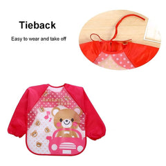 MOMISY Waterproof Smock Painting Apron for Kids Full Sleeve Feeding Bib for Babies Cartoon Animal Art for Infants Toddler Boys Girls (Pink Bear-Yellow Monkey)-Set of 2