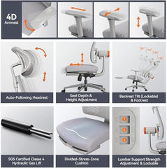 DROGO Bold Posture Ergonomic Office Chair for Work from Home with Adaptive Lumbar Support, Laptop Tray, 4D Armrest, Recline, Adjustable Height & Headrest, High Back Computer Chair With Footrest (Grey)