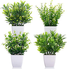 Litleo Plastic Artificial Plants Mini, Eucalyptus Potted Faux Decorative Grass Plant For Home Decor, Indoor, Office, Desk, Shelf, Table Decoration (Pack Of 4), Green