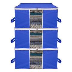 Kuber Industries Non-Woven Underbed Storage Bag|Clothes Storage Organizer|Blanket Cover With Clear Window|Zipper Closure&Handle Cloth Organizer|Plain White Border|Large|Pack Of 6|Royal Blue,32Cm,48Cm