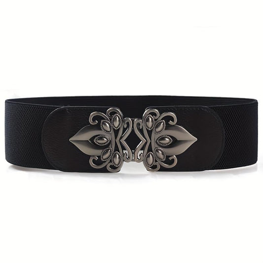 SYGA Women Cinch Belt, PU Leather Stretchy Waist Belt with Emblem Metal Buckle, Retro Style - Black((Fits Waist Size 25-35)