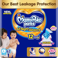 Mamypoko pants All night absorb| Pant Style Baby Diapers Large Size(L), 124 Count,(62*2) Ideal for 9-14Kgs|1 Diaper= Upto All night Absorption|Wider Crisscross Sheet|Gentle Coco Care| 12hr Leakage Protection| Prevents Heaviness.