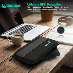 AirCase Hard Disk Cover Case for 2.5 Inch HDD SSD - Ballistic Nylon Rugged Shell, Anti-Press | Felt Lining, Water Resistant | Mesh Pocket for Cable, Charger, Earphone (Black)