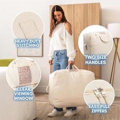 ALPHIT Extra Large Storage Box Soft Canvas Storage Bags with Zipper 4-Carrying Handles and Window 25x19x9 inch Bag for Blankets Pillows,Woman Dresses,Sarees,Lehengas for Wardrobe Organizer (PACK OF 1)