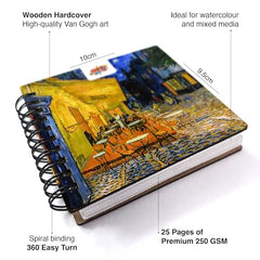 The Crafthives Van Gogh Starry Night Pocket Sketchbook | Wooden Hardcover Mini Art Book | 250 GSM Paper | Spiral Bound Travel Sketch Pad for Watercolour & Mixed Media