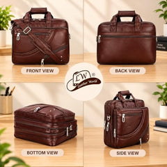 Leather World Vegan Leather 15.6 Inch Laptop Office Briefcase Messenger Bag Satchel for Men and Women, with Adjustable Strap and Expandable Bottom (Brown)