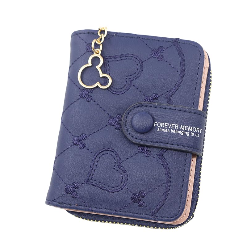 SYGA Women's Short Zipper Buckle Heart Shaped Wallet with Key Chain, Cute for Girls Pu Leather Wallet Coin & Card Purse(Mickey Blue)