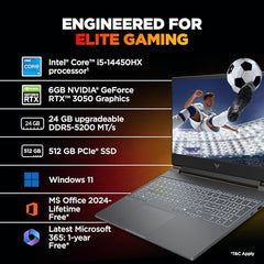 HP Smartchoice Victus, 14th Gen Intel Core i5-14450HX, 6GB RTX 3050, 24GB DDR5(Upgradeable) 512GB SSD, 144Hz, 300 nits, 15.6''/39.6cm, Win11, Office 24, Mica Silver, 2.3kg, fa2303/15tx, Gaming Laptop