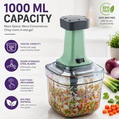 MAGIC SPOON Hand Push Chopper 1000ML, Vegetable & Onion Chopper with 4 Stainless Steel Blades, Manual Food Chopper for Garlic, Chilli, Dry Fruits, Nuts Cutter & Salad Preparation for Kitchen, Pista