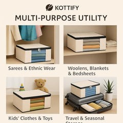 Kottify Cotton Canvas Clothes Storage Bags Pack of 3 | Saree Covers with Zip | Wardrobe Organizer for Women’s Dresses, Sarees & Lehengas | Breathable Fabric Storage Bag with Window (17 x 14 x 7 Inch)