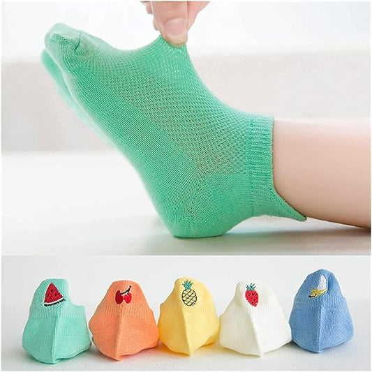 MOMISY 5 Pairs Baby kids Girl Boys Mesh Fruit Embroidery Toddlers Infant Solid Color Cotton Stretch Baby Socks (IN, Age, 6 Years, 8 Years, Standard, Fruit)
