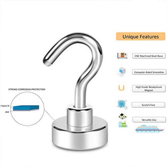 SYGA Strong Neodymium Magnetic Hook E16 Metal Suction Non-Marking Round Hook Salvage Magnet with Eye Bolts KNE20 Pull Max 12KG - Pack of 2