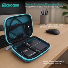 AirCase Hard Disk Cover Case for 2.5 Inch HDD SSD - Lycra EVA Hardshell, Water Resistant | Mesh Pocket for USB Cable, Earphone, Power Bank, Charger | Multi-Gadget Travel Pouch (Grey)