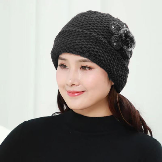 SYGA Winter Warm Hat Women Beautiful Wool Knitted Flowers Decorated Ears Beanie Hat for Adult Women Purple