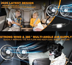 RIGGEAR Car Fan, Back Seat Car USB Fan with Dual Head 3 Speed Adjustable Cooling Air with 360° Flexible Rotation, Independent Switch USB Car Fan for Seat Headrest with Small LED Lamp
