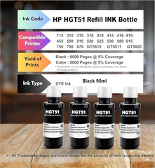 CANOFF GT53Xl for HP Black Pigment Refill Ink Compatible for HP Ink Tank 115, 310, 315, 319, 410, 415, 416, 419, 455, 500, 515, 530, 615, GT 5810, GT 5811, GT 5820 (GT53XL Black 5, 135ml)