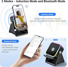 Mobile Induction Speaker with Bluetooth 5.3, Wireless Phone Sound Amplifier & 360° Adjustable Stand, RGB Light, Emergency Charging, Rechargeable Speaker for iPhone, Android & Tablets