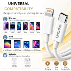 Umake USB-C to Lightning Cable, (MFi Certified) PD Fast Charging Cable, Premium Lightning Charging Cable for iPhone 14/14 Pro/ 14 Pro Max/ 13/13 Pro/ 13 ProMax/ 12/11/XR/XS/X/8 S & iPhone, iPad