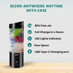 Libra Plastic Portable Blender, USB Rechargeable Blender Juicer with 6 Blades, 530ml Capacity, 4000mAh Battery, 235W Motor, Waterproof Portable Juicer for Travel, Gym & Office (Transparent Black)