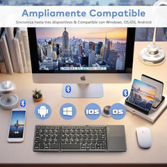 Foldable Bluetooth Keyboard, Tri-Folding Portable Wireless Keyboard with Touchpad, Mini Ergonomic Folding Keyboard Ultrathin, Sync up to 3 Devices, for Windows iOS, Android