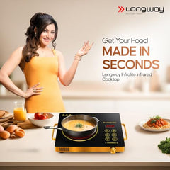 Longway Infralite Pro 2200W Infrared Hot Plate Cooktop with Steel Grill Rack, Crystal Glass Top, Touch Panel & Digital Display, 4 Preset Modes – Stir Fry, BBQ, Hot Pot & Steam, Black