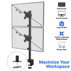 UNIQ Mounts™ Dual Vertical Monitor Arm for 13–32", Desk Mount with 8kg Load Per Arm, 180° Swivel, 360° Rotation, ±15° Tilt, Full Motion Adjustable VESA 75/100 Monitor Holder
