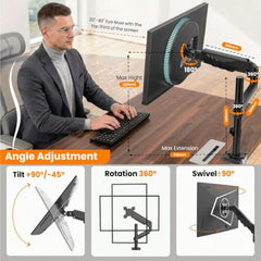 Dyazo Single Monitor Desk Mount Stand | Height Adjustable Fully Articulating Arm for 13–32 Inch Screens | VESA 75×75/100×100 Compatible | Tilt & Rotate Monitor Holder with C-Clamp/Grommet Base (Black)