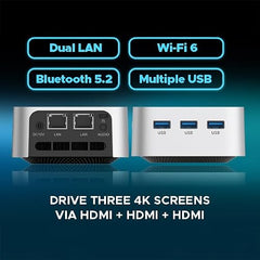 SKULLSAINTS Rudra Mini PC, 13th Gen N150, WiFi 6, BT5.2, HDMI 4K@60Hz 3 Screen Display, Dual Ethernet Ports, Win 11 Pro (13th Gen N150, 16+128)