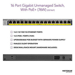 NETGEAR 16-Port Gigabit Ethernet Unmanaged PoE Switch (GS116LP) - with 16 x PoE+ @ 76W Upgradeable, Desktop/Rackmount, and ProSAFE Limited Lifetime Protection