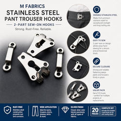 M Fabrics Stainless Steel Pant Trouser Hooks (Silver, 2-Part Sew-On, Set of 20) | Rust-Free Fasteners for Pants, Shorts, Dresses & Garments