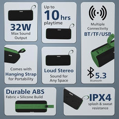 PHILIPS Audio TAS2400BK Portable Bluetooth Speaker with Stereo Sound, 32W RMS, 2400mAh Rechargeable Battery, BT v5.3 Connectivity, IPX4 Waterproof, Supports TF/USB/BT Modes with Hanging Strap (Black)