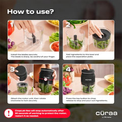 CÜRAA Chopper Electric for Kitchen | ChopLab Neo USB Vegetable Chopper for Kitchen Use by Chef Sanjyot Keer | Rechargeable Chopper with Stainless Steel Blades, 250ml, Beige