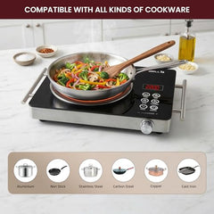 iBELL CROWN 22 Infrared Cooktop 2200W - 3-YEAR WARRANTY, Touch Control, Adjustable Temperature, High-Efficiency Heating, Compatible with Induction & Flat-Bottom Cookware, [Black]